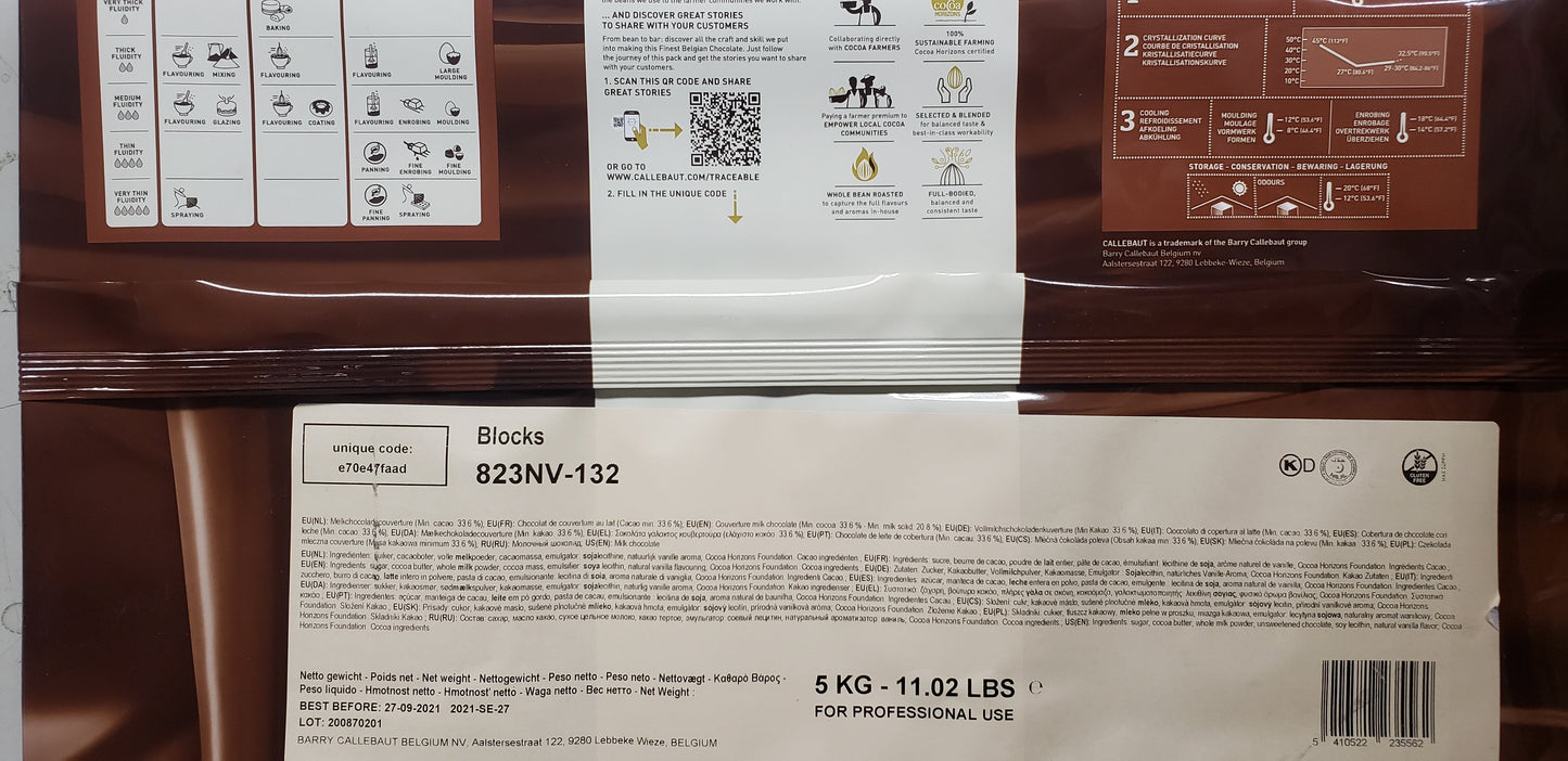 Milk Chocolate Couverture Block - 33.6% Cacao (SPECIAL ORDER 2-4 WEEKS LEAD TIME) "contact us for pricing"