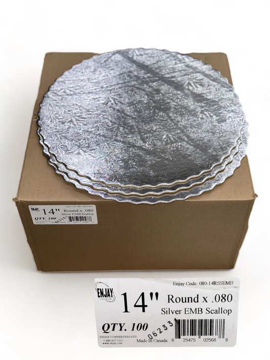 14" Silver Scallop Heavy Board Round - 100 Pieces